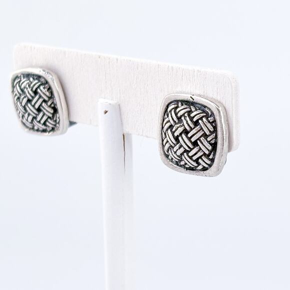 Vintage Sterling Silver 925 1.5cm Textured Basketweave Clip-On Earrings - Picture 3 of 8